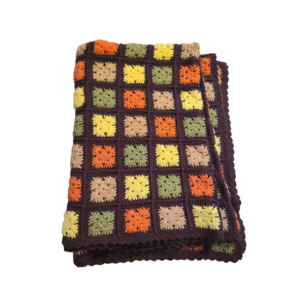 Vintage 70s Handmade Crochet Granny Square Afghan Throw Blanket